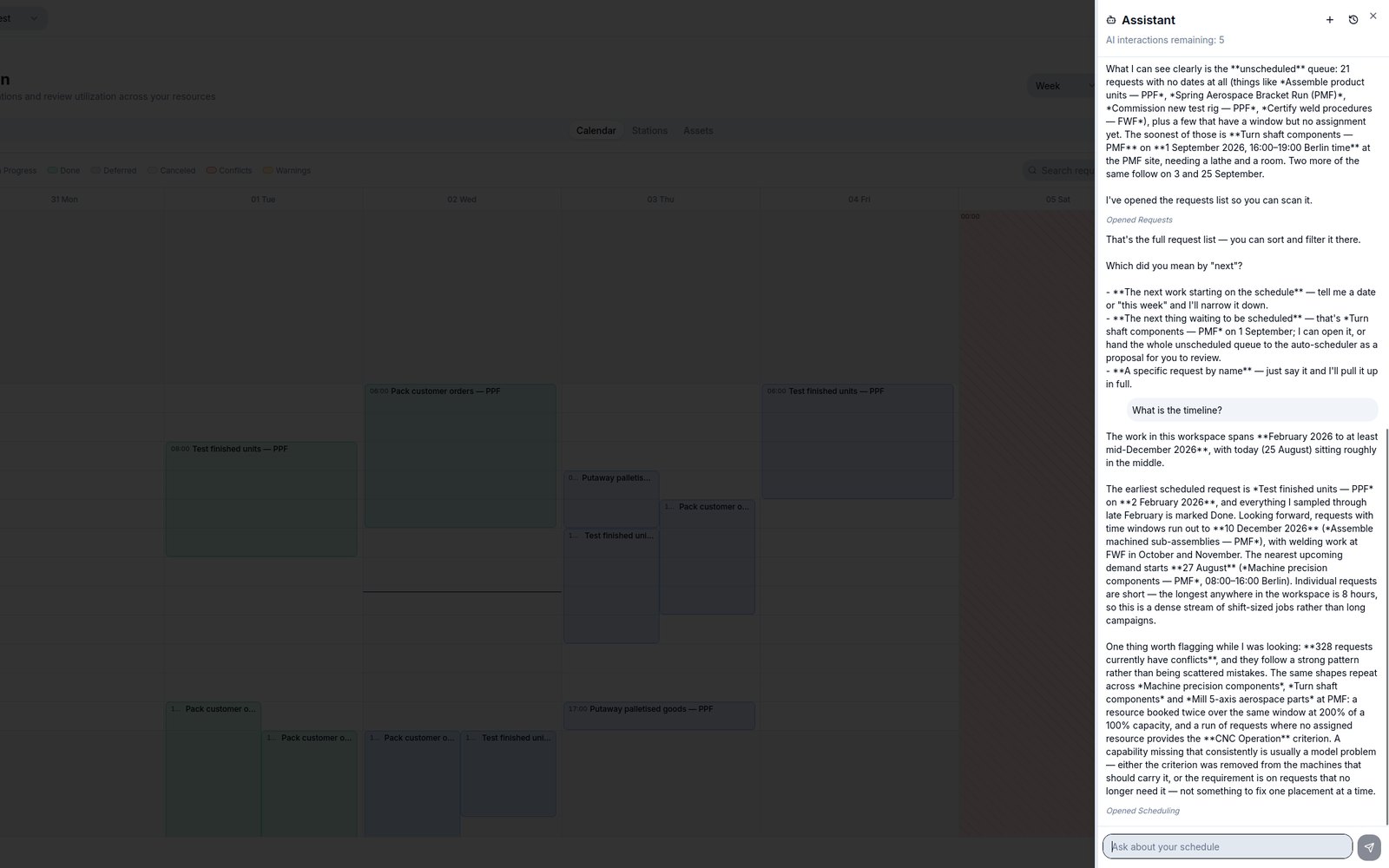 The Orkyo assistant panel open beside the week calendar, reporting the unscheduled queue, naming the request that comes next, and flagging that 328 requests share one repeating conflict.