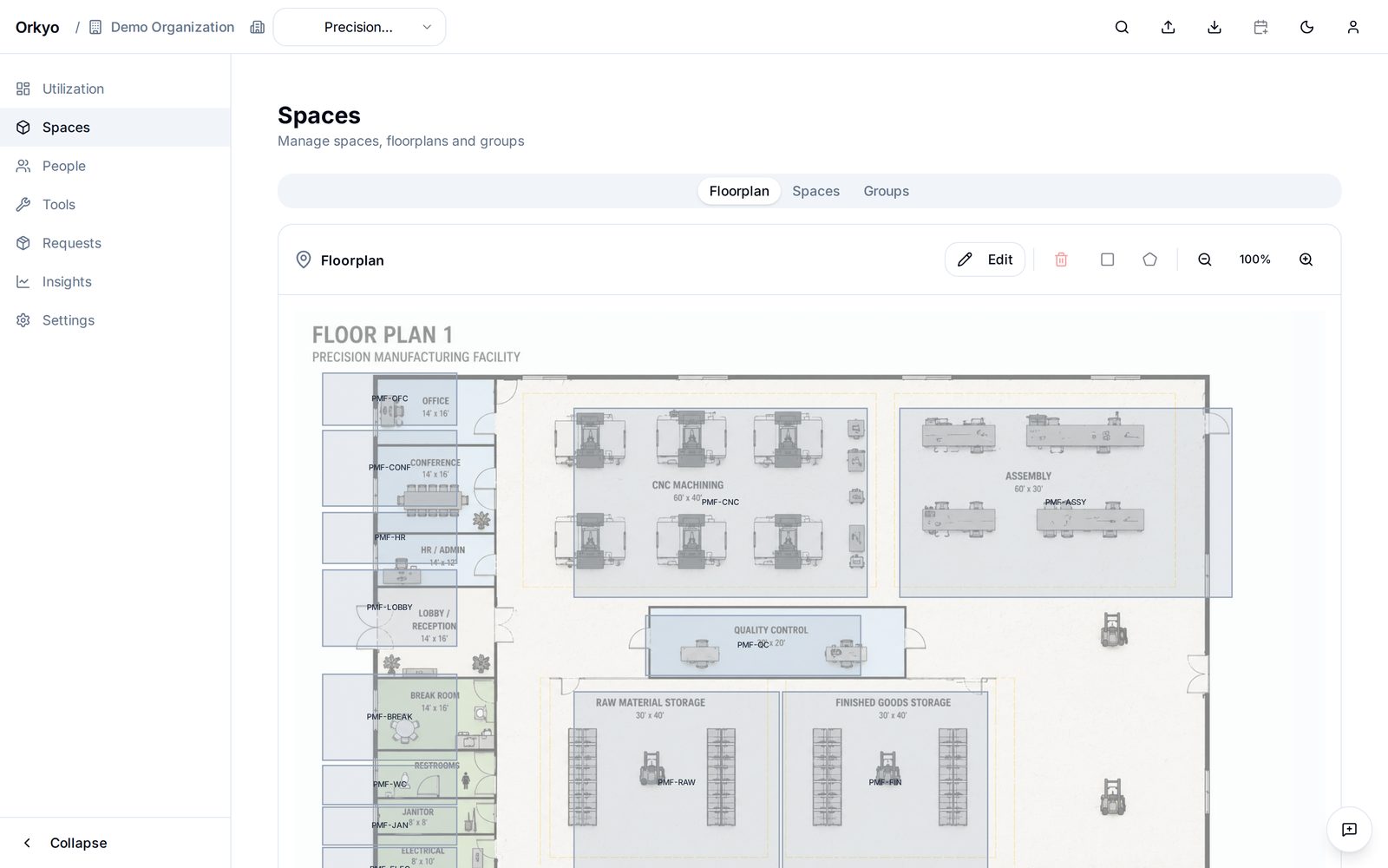 Orkyo floorplan view of a machine shop: CNC machining, assembly, quality control and storage areas drawn as bookable workstations on the plan.